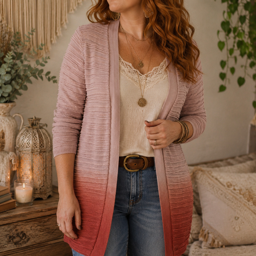 Chicos Ombre Cardigan Size M | Rose Pink Rust | Boho Business Casual